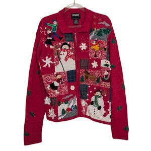 Designers Studio Winter Sweater Womens Petite Size Medium Red Snowman Full Zip